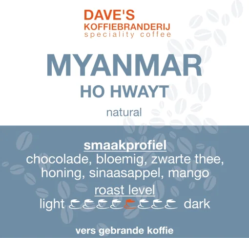 Etiket van Myanmar Ho Hwayt, medium gebrande koffie van Dave's Koffiebranderij