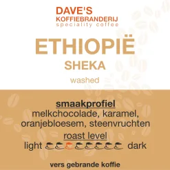 Etiket van Ethiopië Sheka Forest Washed, licht gebrande speciality koffie van Dave's Koffiebranderij