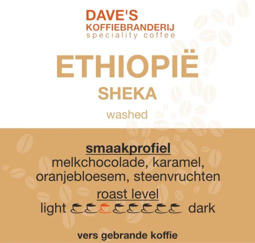Etiket van Ethiopië Sheka Forest Washed, licht gebrande speciality koffie van Dave's Koffiebranderij