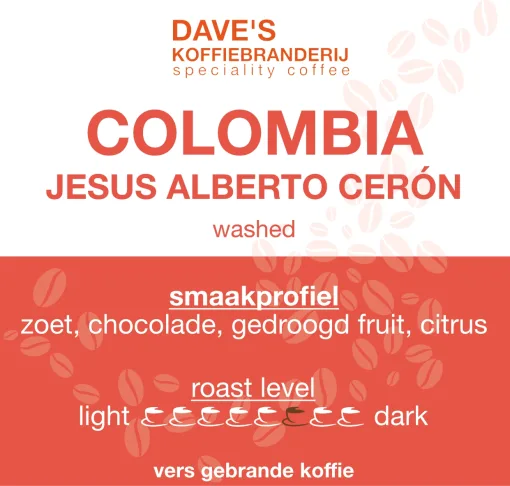 Etiket van Colombia Jesús Alberto Cerón, medium gebrande koffie van Dave's Koffiebranderij