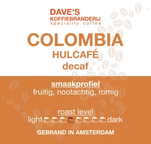Etiket van Colombia Hulcafé Decaf, cafeïnevrije koffie van Dave's Koffiebranderij