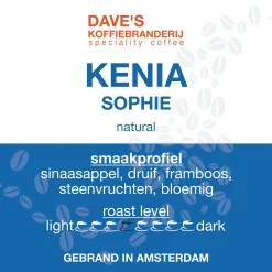 Etiket van Kenia Sophie natural, licht gebrande speciality koffie van Dave's Koffiebranderij