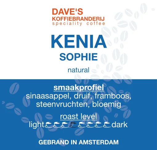 Etiket van Kenia Sophie natural, licht gebrande speciality koffie van Dave's Koffiebranderij